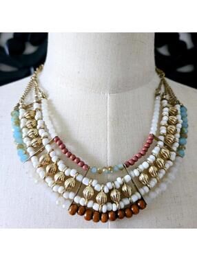 Blue Gold Tone Beaded Bib Necklace